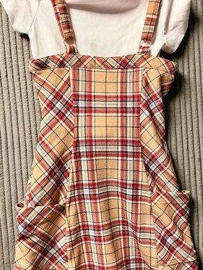 Girls No Comment Plaid Suspender Pinafore Dress in Beige and Red